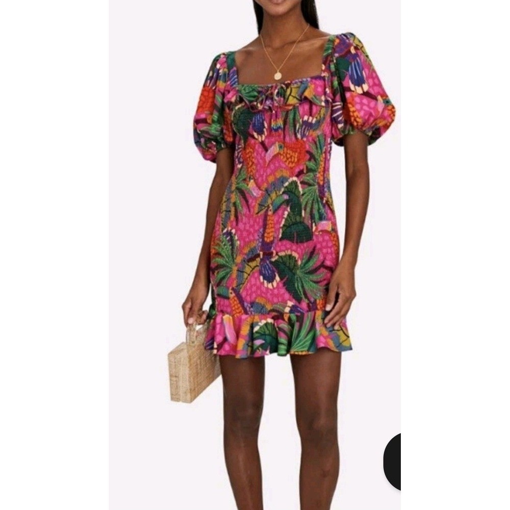Farm Rio Tropical Toucan Mini Dress Pink Floral Smocked Puff Sleeve Medium EXCL